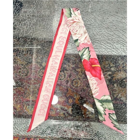 Gucci Floral Hawaiian print silk neck bow twilly Scarf pink - Picture 9 of 9